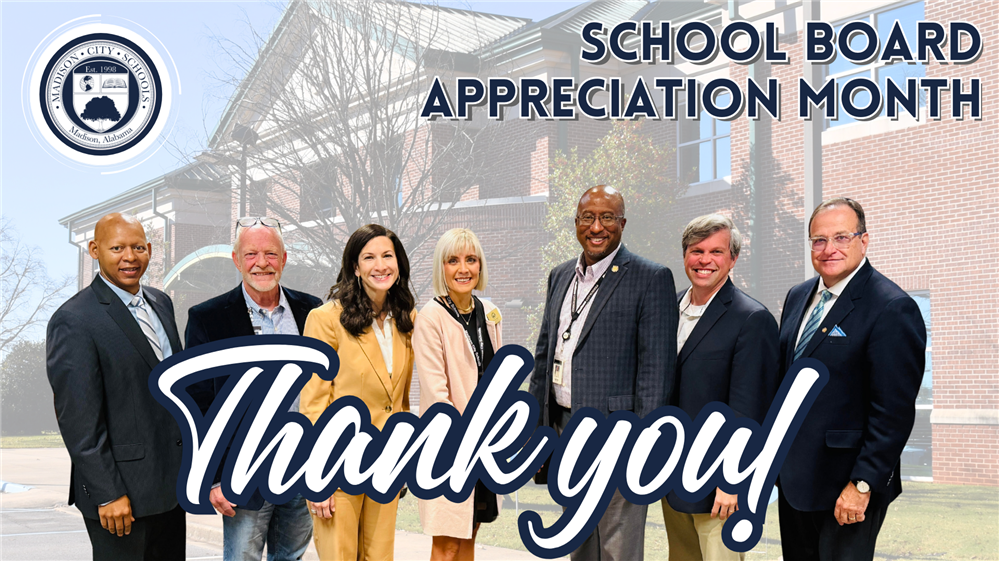  board members in a lineup with Central Office in background and the words Thank You